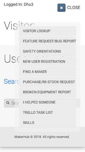 Maker Hub Mobile Volunteer App Screenshot: Main Menu